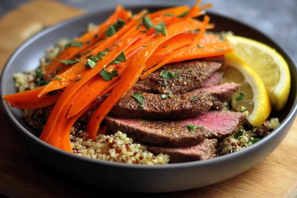 Cajun Beef with Carrot Ribbons & Quinoa