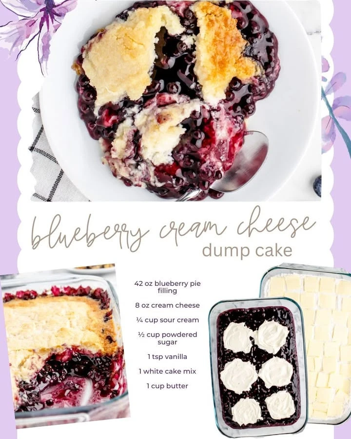 Delicious Blueberry Cream Cheese Dump Cake served in a dish