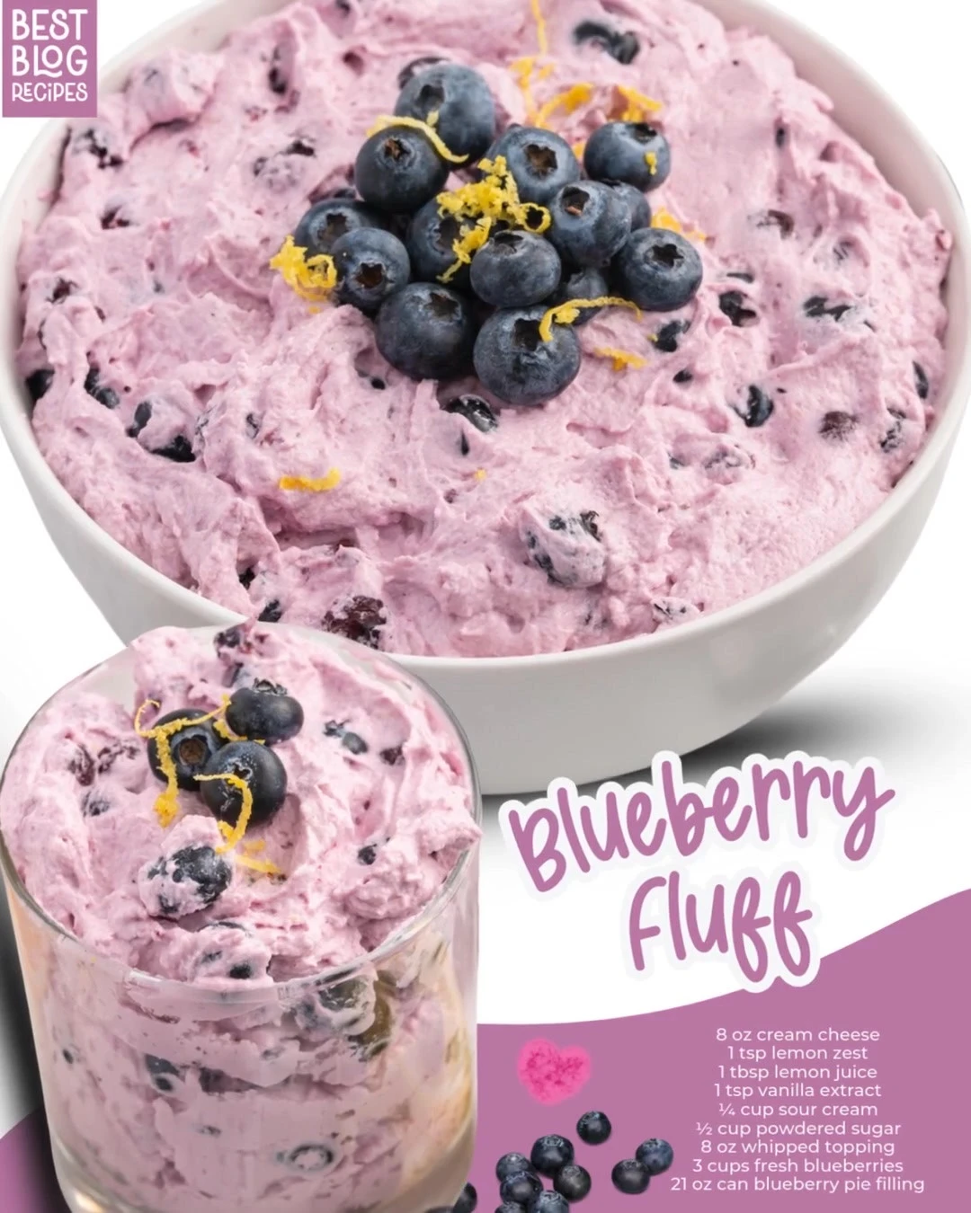 Colorful bowl of blueberry fluff dessert topped with fresh blueberries