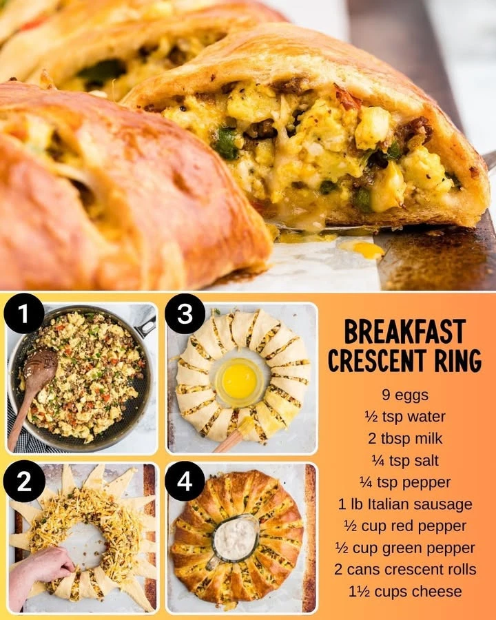 Breakfast Crescent Ring filled with eggs, cheese, and ham, baked to golden perfection.