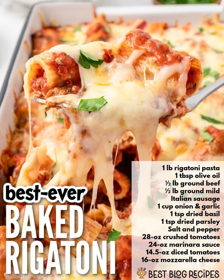 Delicious cheesy baked rigatoni served in a baking dish