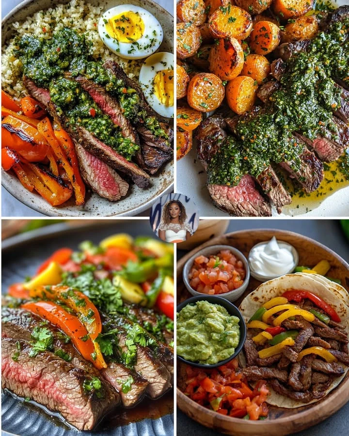 Grilled chimichurri steak served with a side of roasted vegetables