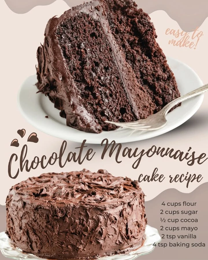 Deliciously moist Chocolate Mayonnaise Cake topped with frosting