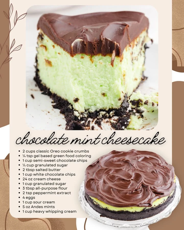 Delicious Chocolate Mint Cheesecake with a chocolate crust and mint sprinkles