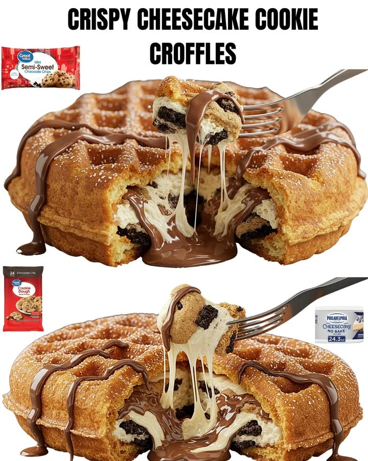 Crispy cheesecake cookie croffles served on a plate.