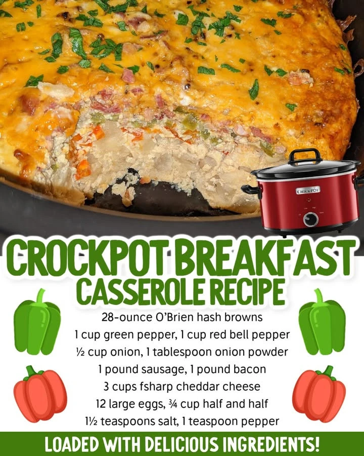 Easy Crockpot breakfast casserole with eggs, cheese, and vegetables