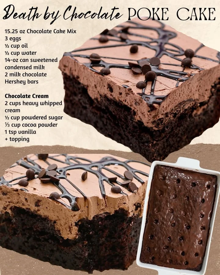 Delicious Death by Chocolate Poke Cake topped with rich chocolate frosting