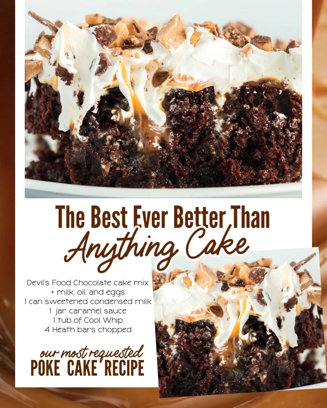 Decadent triple chocolate cake with caramel drizzled on top