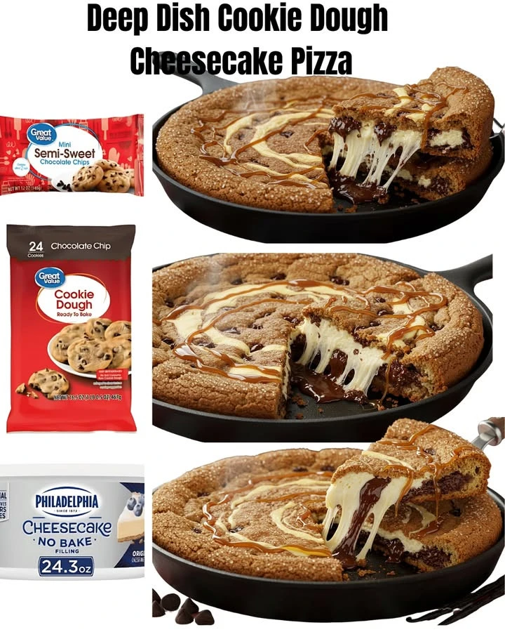 Deep Dish Cookie Dough Cheesecake Pizza topped with creamy cheesecake and cookie dough