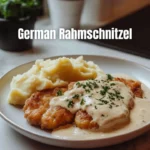 Delicious German Cream Schnitzel served with creamy sauce and herbs