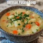 Bowl of creamy German Potato Soup garnished with herbs