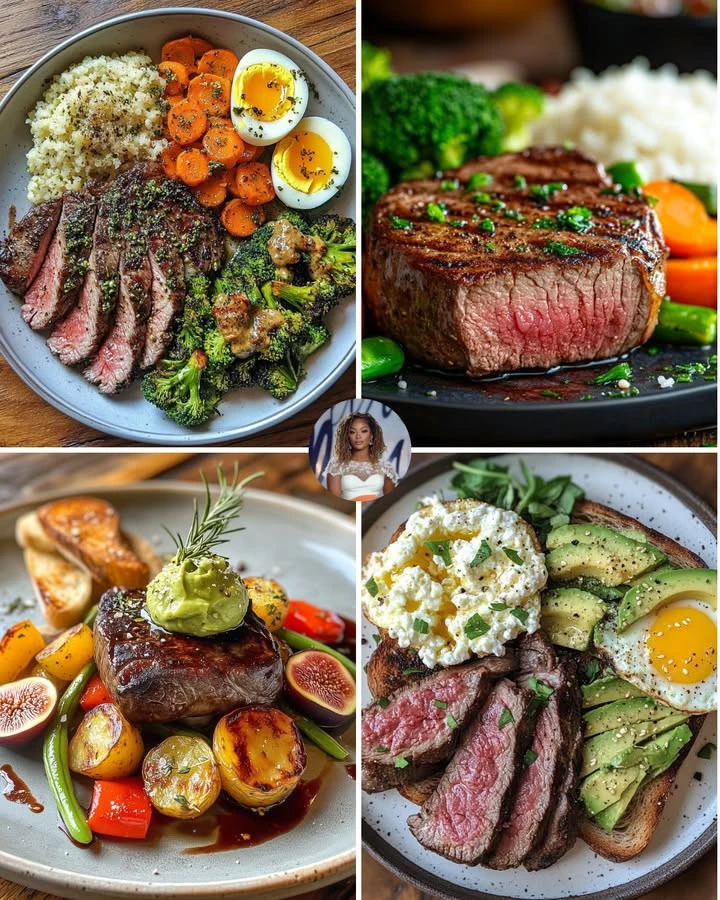 Juicy herb butter steak served with roasted broccoli on a plate.