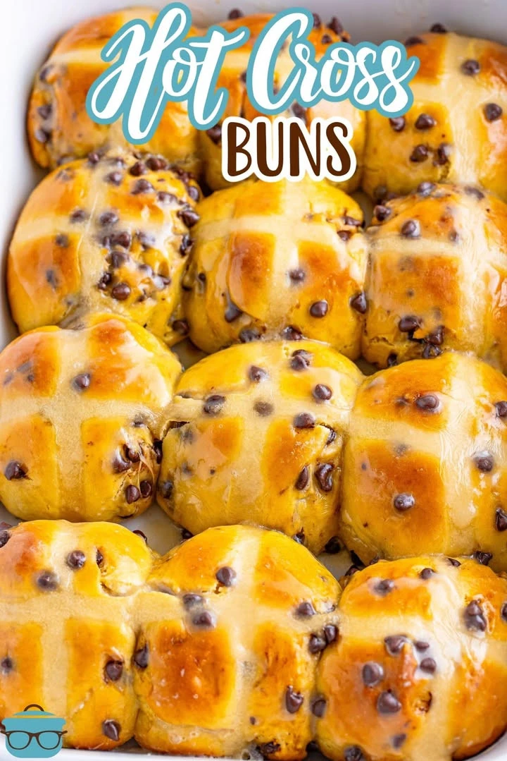 Freshly baked hot cross buns with icing on top