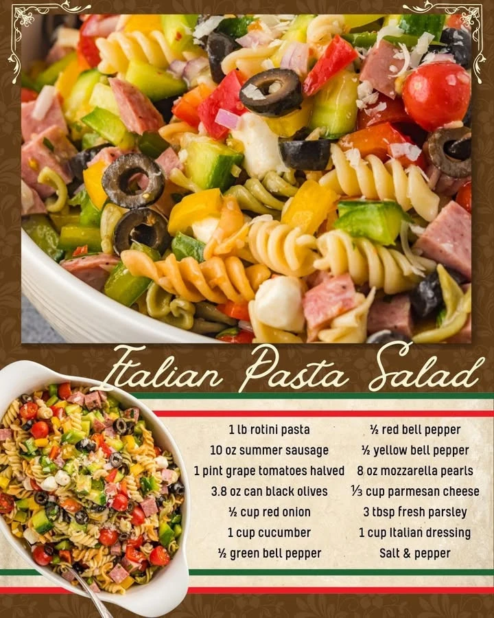 Colorful Italian pasta salad with fresh vegetables and dressing