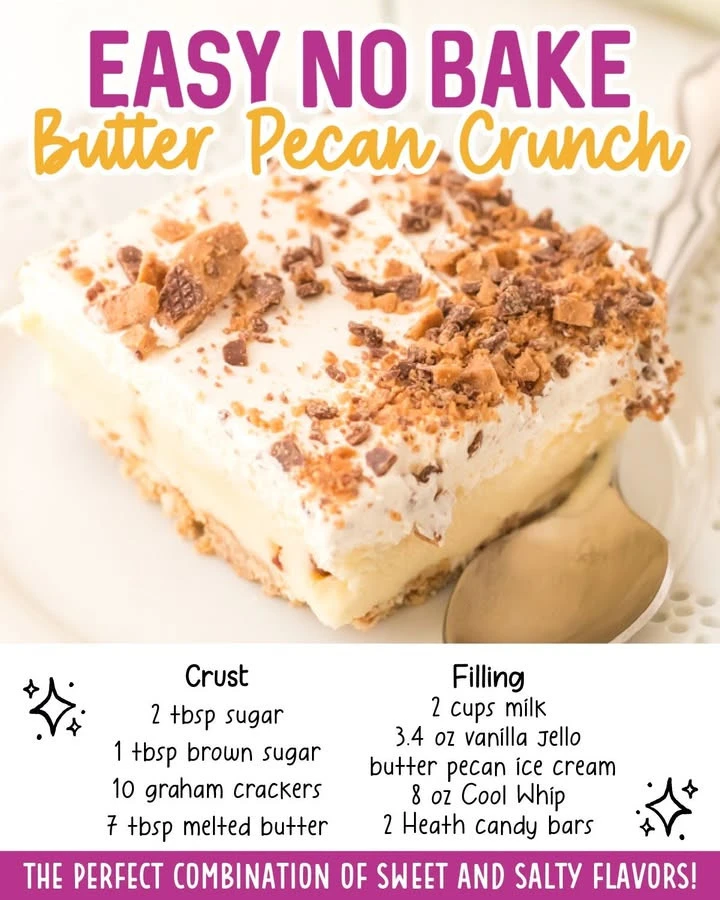 No-Bake Butter Pecan Crunch dessert with crunchy pecans and buttery layers