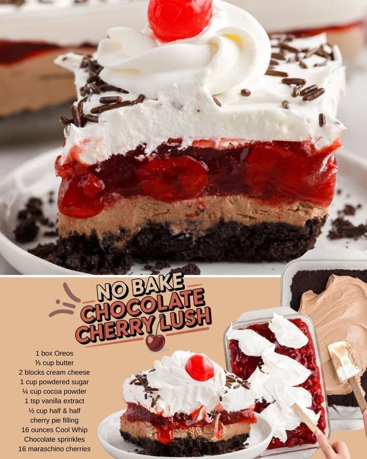 No Bake Chocolate Cherry Lush dessert with layers of chocolate and cherries