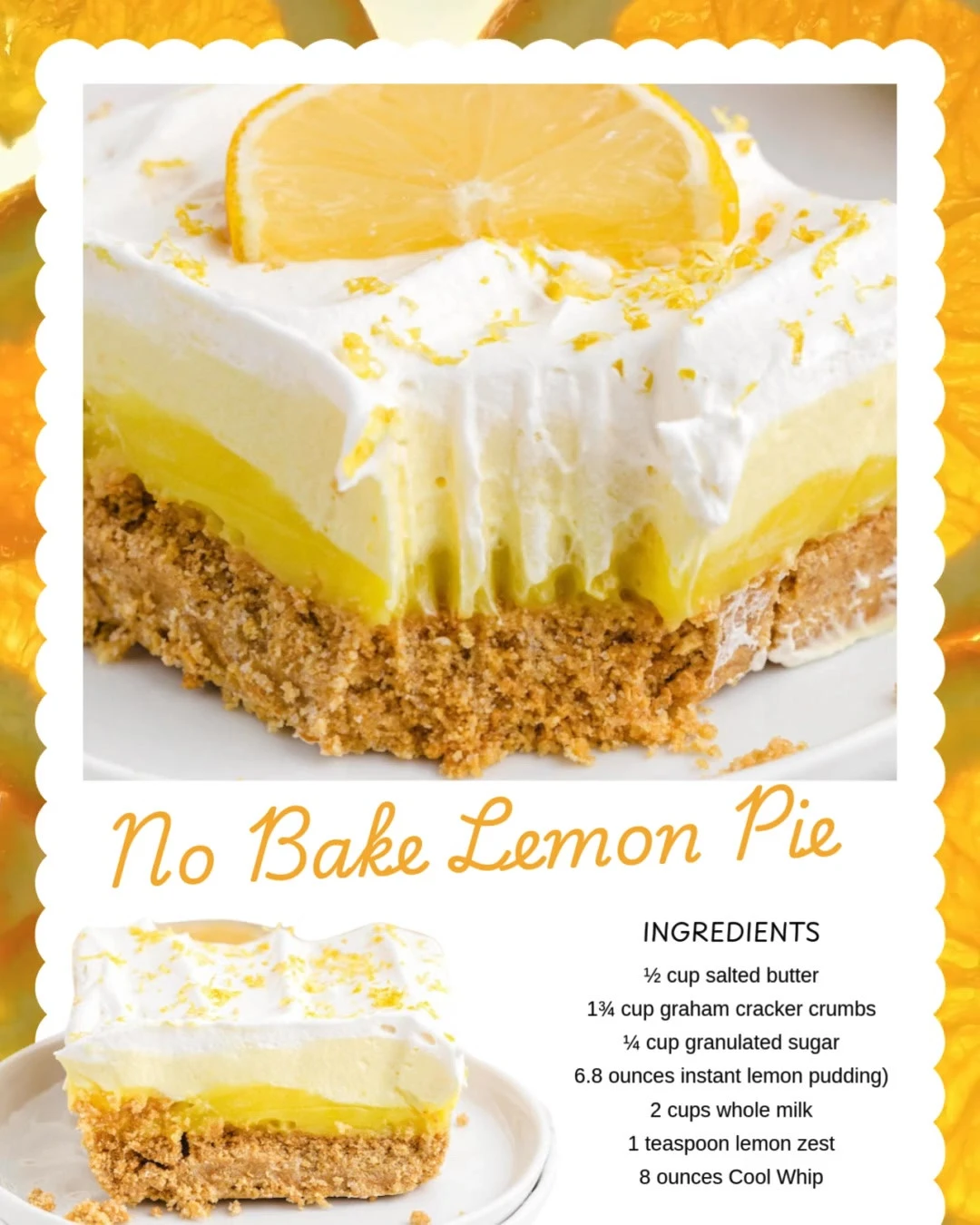 Delicious no bake lemon pie with a creamy filling and lemon zest garnish