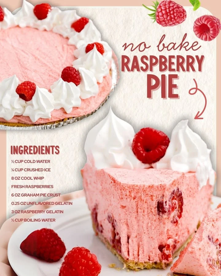 Delicious no bake raspberry pie garnished with fresh raspberries.