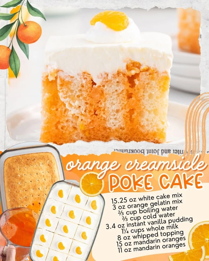 Delicious Orange Creamsicle Poke Cake topped with creamy orange frosting