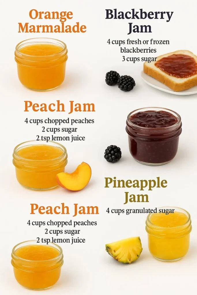 Selection of fruit jams including orange marmalade, peach jam, blackberry jam, and pineapple jam.