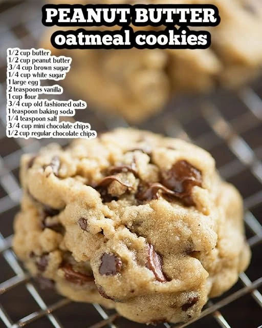 Peanut Butter Oatmeal Chocolate Chip Cookies on a cooling rack