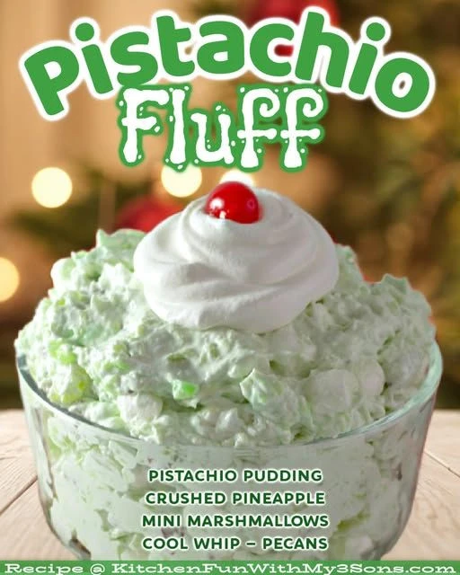 Delicious Pistachio Fluff salad served in a bowl with nuts and marshmallows.
