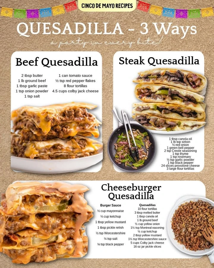 Three delicious quesadilla variations served with toppings and dips.