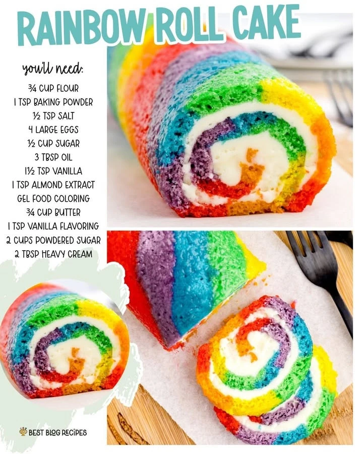 Colorful Rainbow Roll Cake with layers of vibrant frosting and sponge