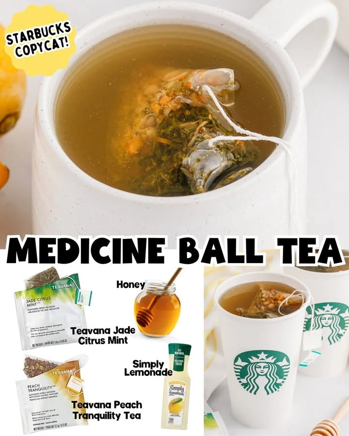 A warm cup of Starbucks Medicine Ball Tea with honey, lemon, and steam rising.