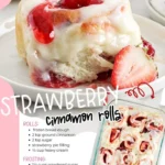 Freshly baked strawberry cinnamon rolls with icing drizzled on top