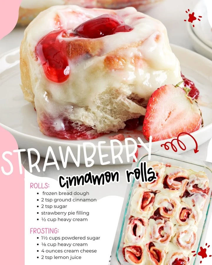 Freshly baked strawberry cinnamon rolls with icing drizzled on top