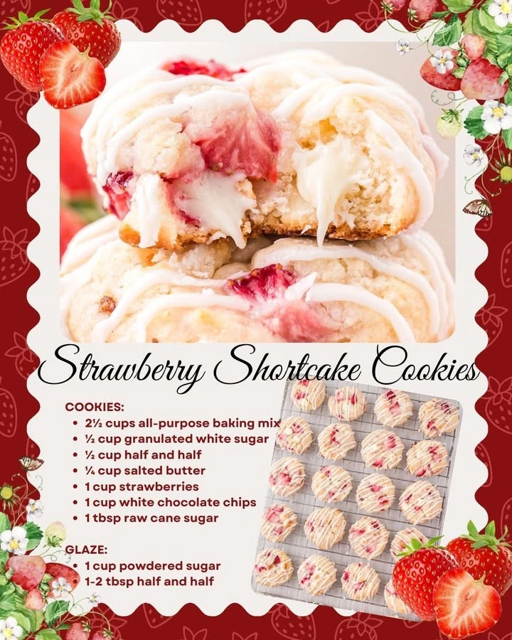 Delicious Strawberry Shortcake Cookies with fresh strawberries and cream frosting.