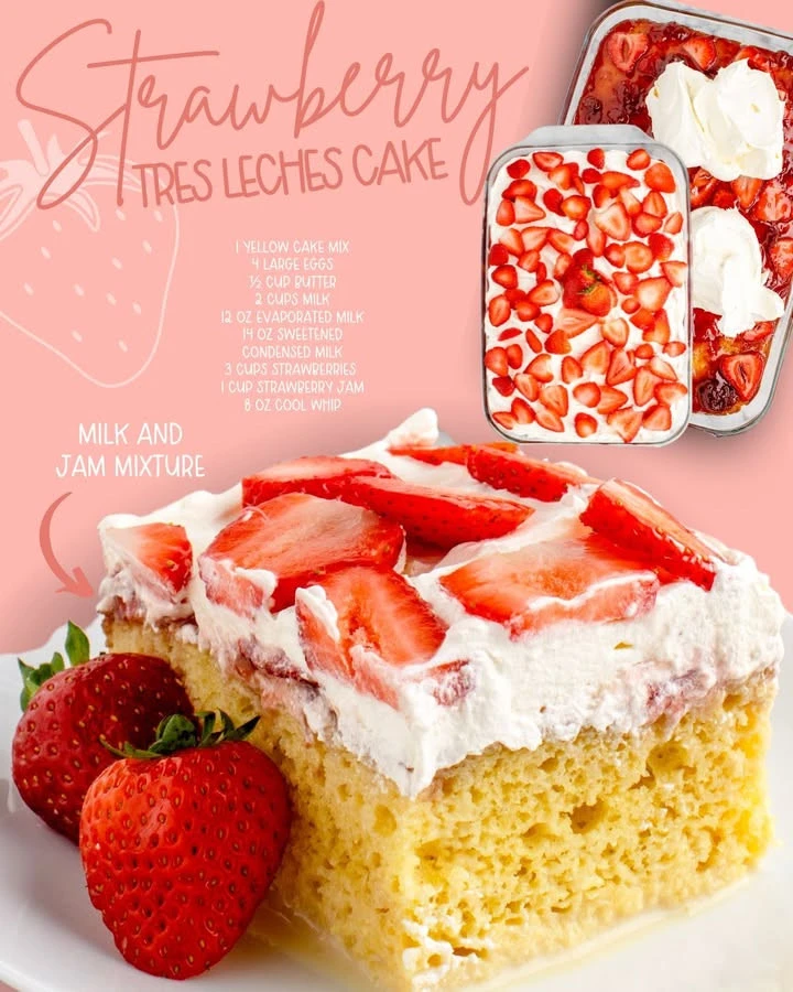 Delicious strawberry three milks cake topped with fresh strawberries and cream