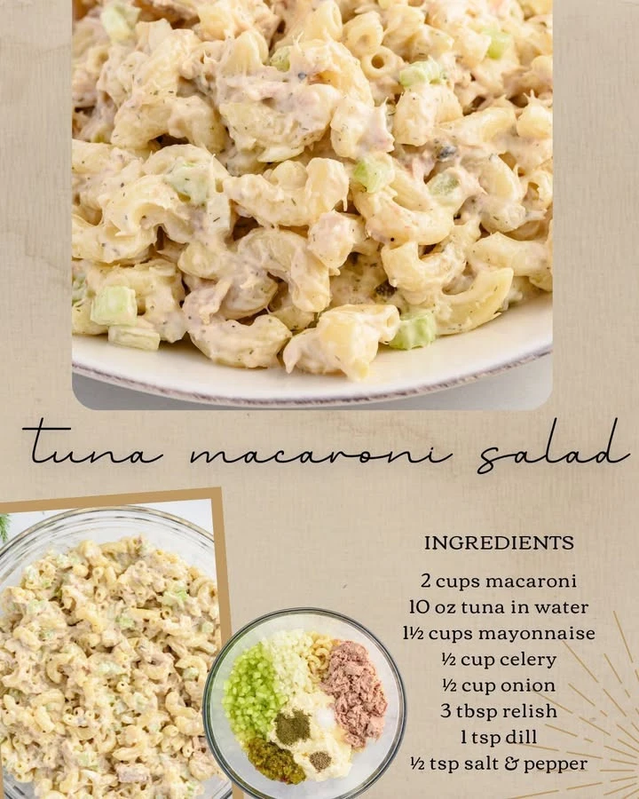 Bowl of fresh Tuna Macaroni Salad with vegetables and creamy dressing