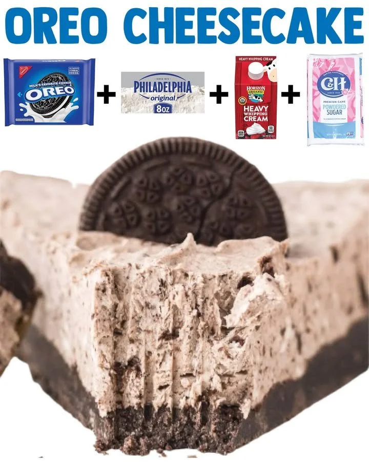 Delicious 20-minute Oreo Cheesecake topped with crushed Oreos.