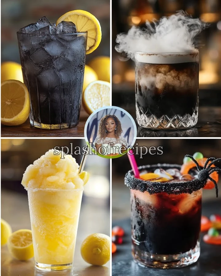 Glass of activated charcoal lemonade with lemon slices and black charcoal.