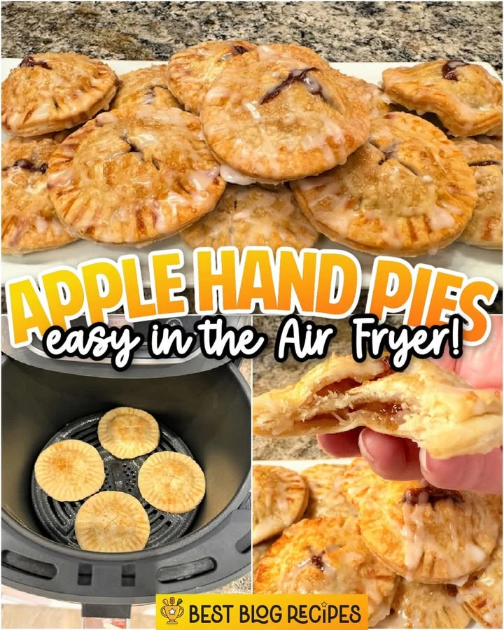Air fryer apple hand pies filled with sweet apples, flaky crust in a basket.