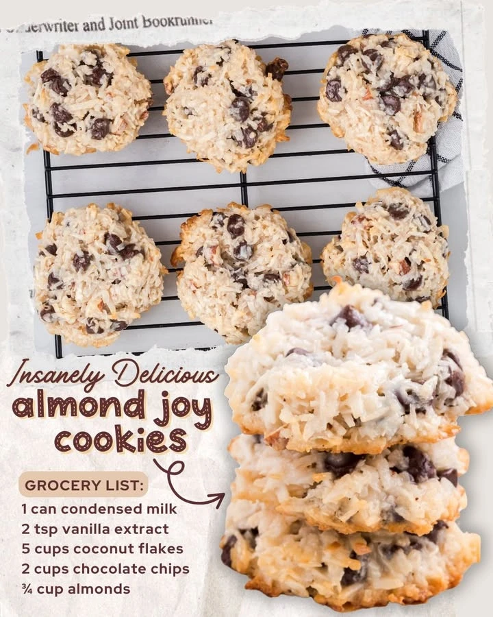Delicious Almond Joy Cookies with chocolate, coconut, and almonds