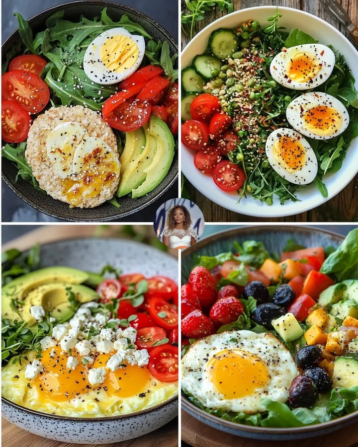Delicious arugula and egg bowl served with an oat cake for a healthy meal