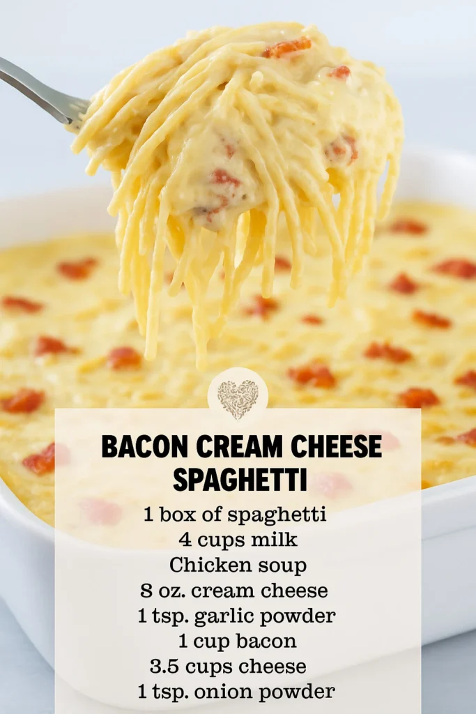 Plate of Bacon Cream Cheese Spaghetti garnished with herbs