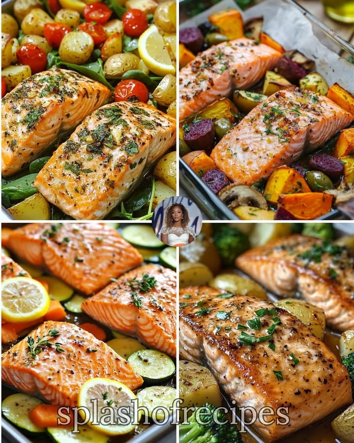Baked salmon accompanied by roasted potatoes and a fresh spinach salad