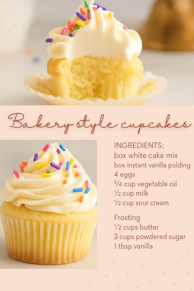 Delicious bakery style cupcakes with colorful frosting and sprinkles