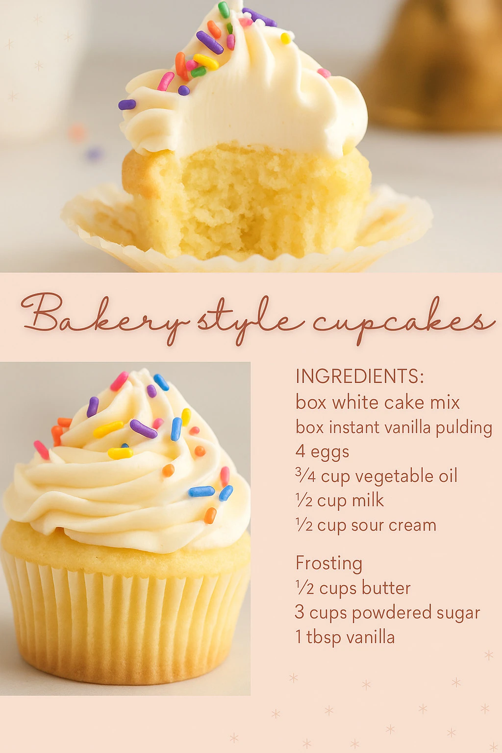 Delicious bakery style cupcakes with colorful frosting and sprinkles