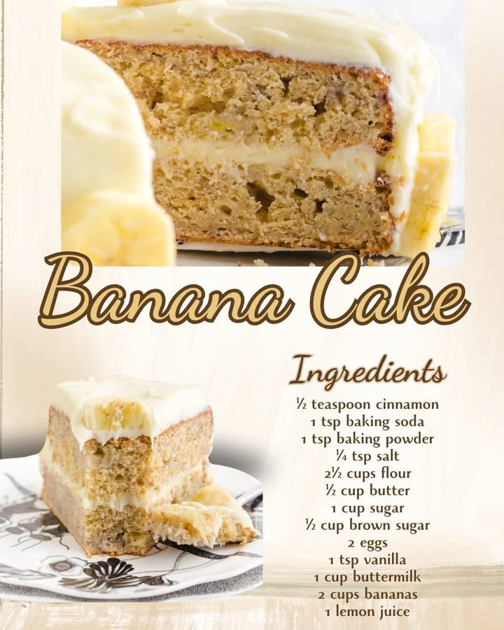 Delicious homemade banana cake with frosting and sliced bananas on top