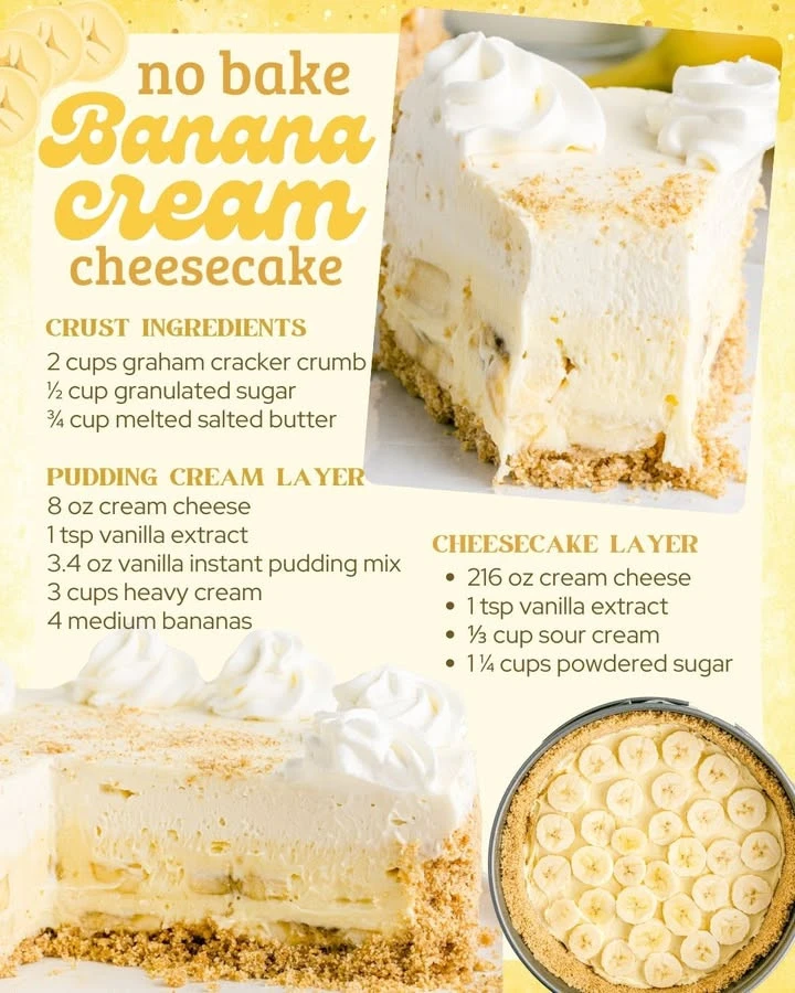 Delicious Banana Cream Cheesecake topped with fresh banana slices and whipped cream.