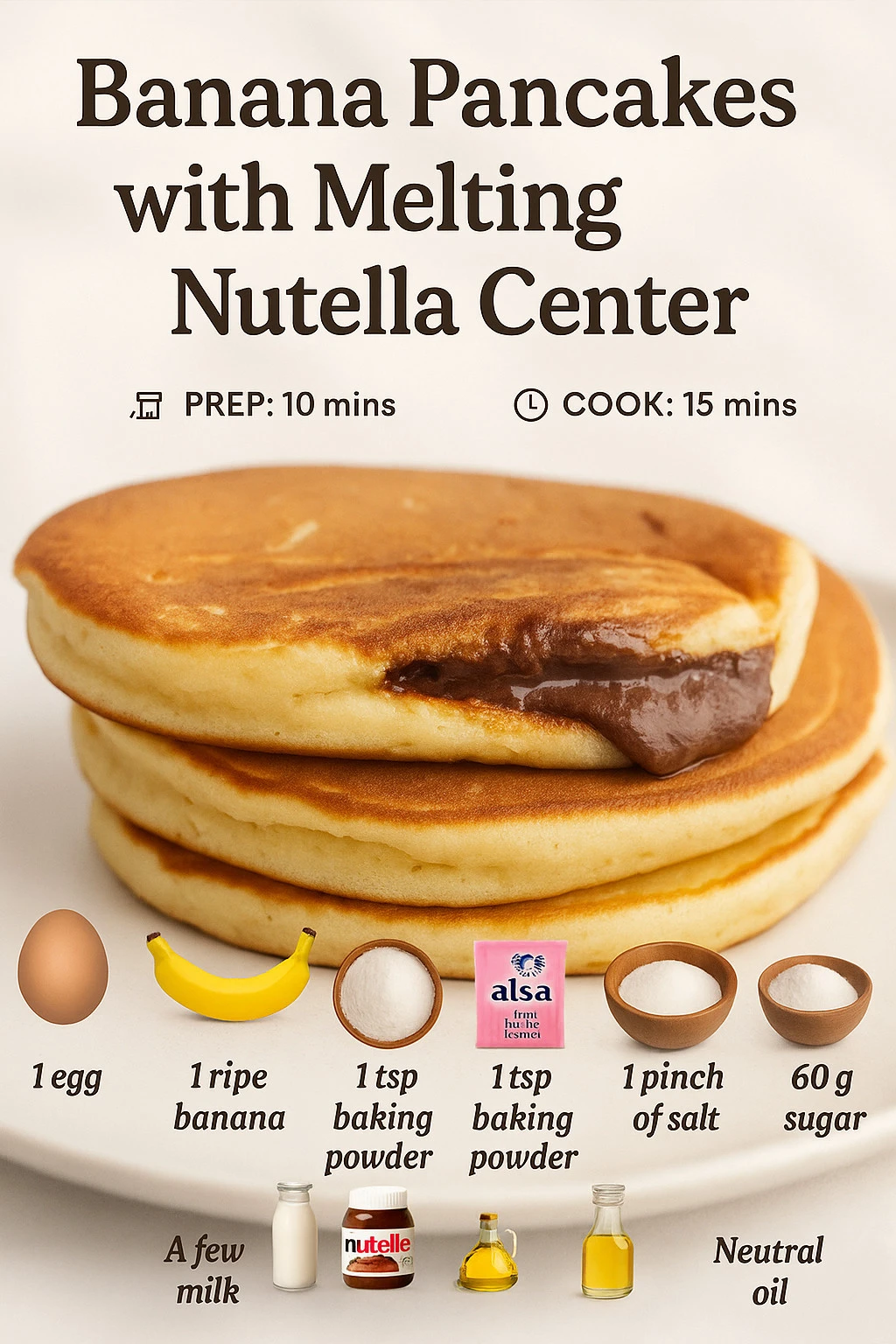 Delicious banana pancakes with Nutella melting at the center