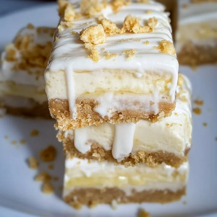 Delicious banana pudding cheesecake bars topped with whipped cream and banana slices.