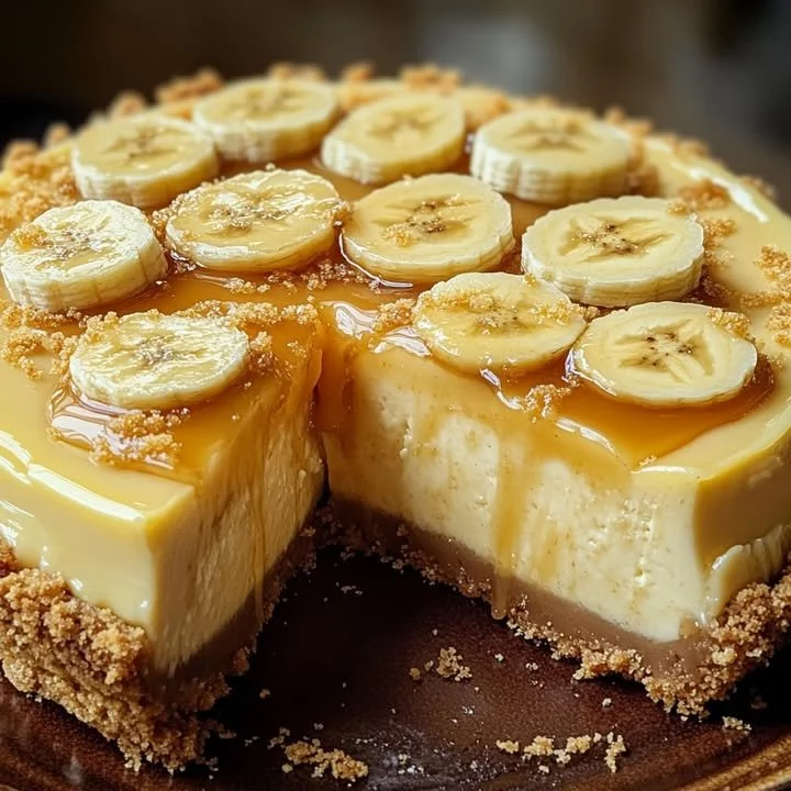 Delicious banana pudding cheesecake with salted caramel drizzle