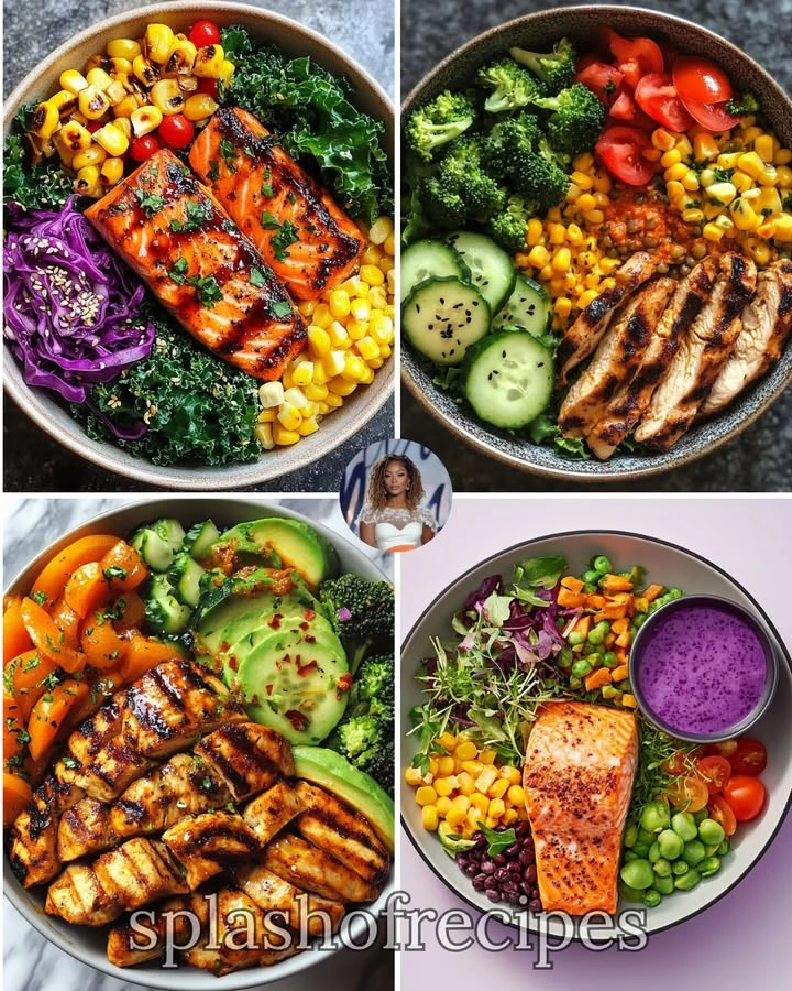 BBQ Salmon & Kale Salad Bowl with vibrant greens and grilled salmon