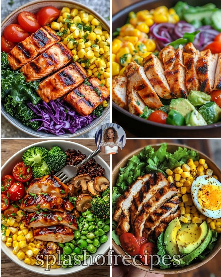 BBQ Salmon & Kale Salad Bowl garnished with fresh herbs